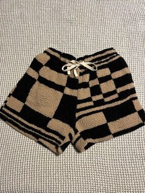 Urban Outfitters Black and Tan Checkerboard Sherpa Shorts